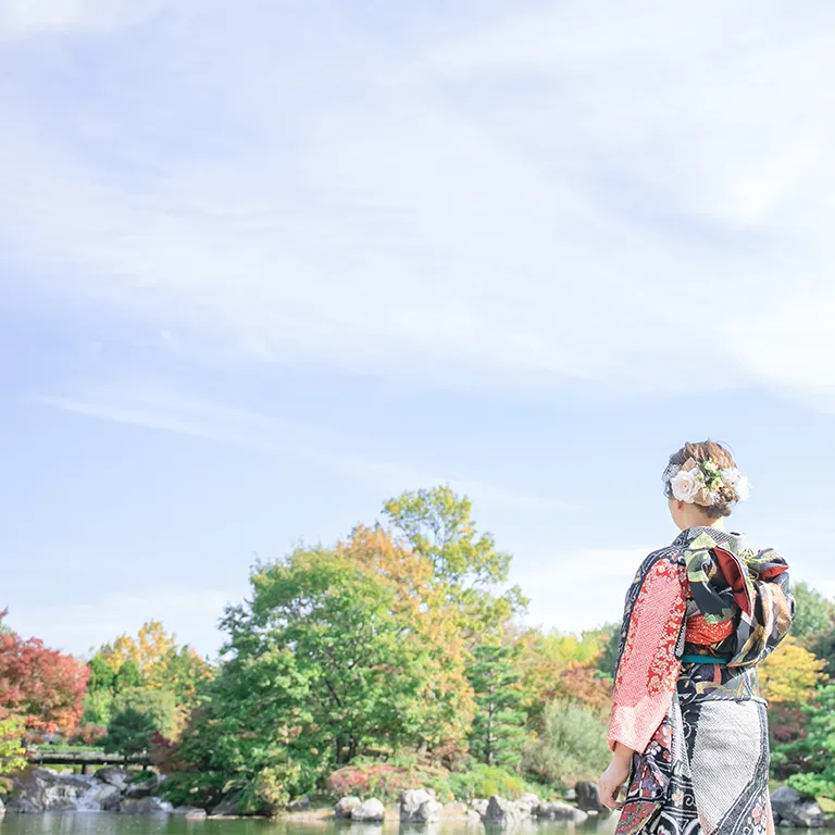 成人式前撮り 晴天の庭園にて